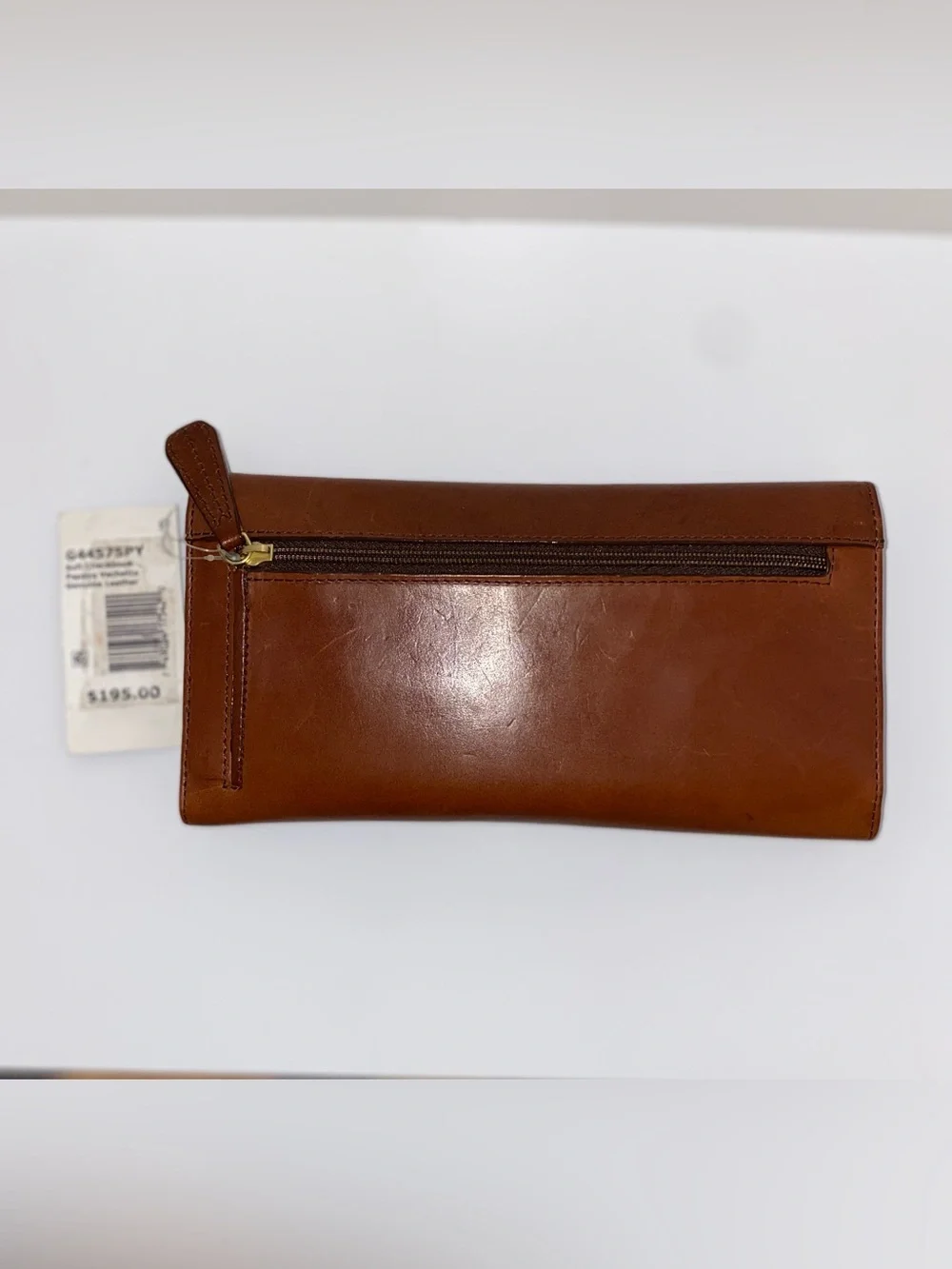 NWT Brahmin Cognac Brown Leather Foldover Wallet with Gold Accent Plaque